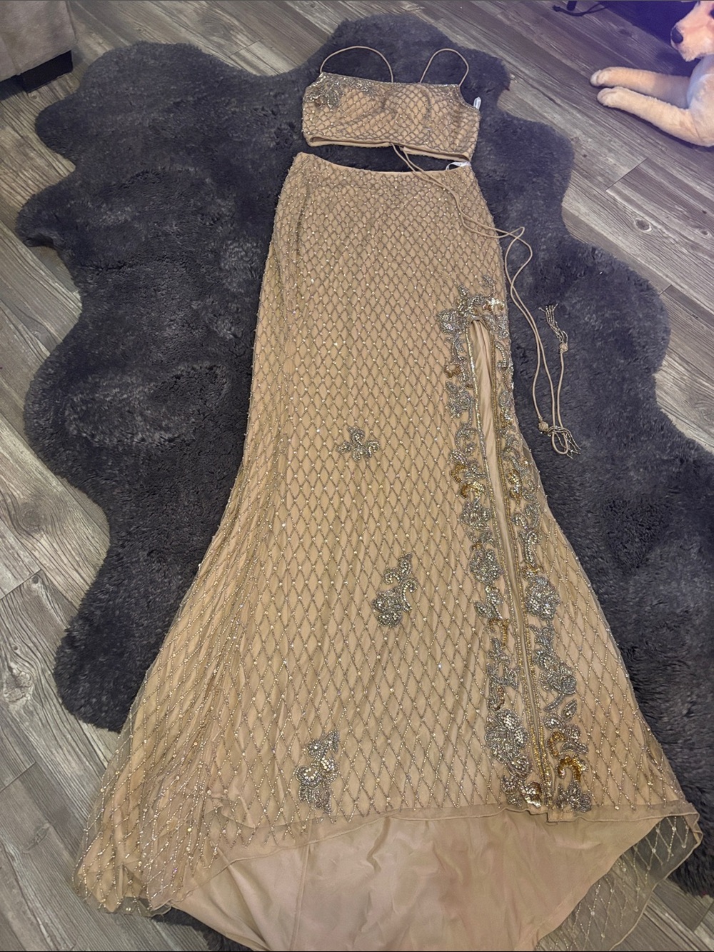 Sherri Hill Beaded Beige Maxi Skirt with Sequin Embellishment